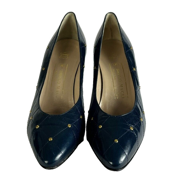 Bruno Magli Shoes Womens 8.5 Blue Leather Quilted Pumps Heels Lined Italy Made - Picture 1 of 11
